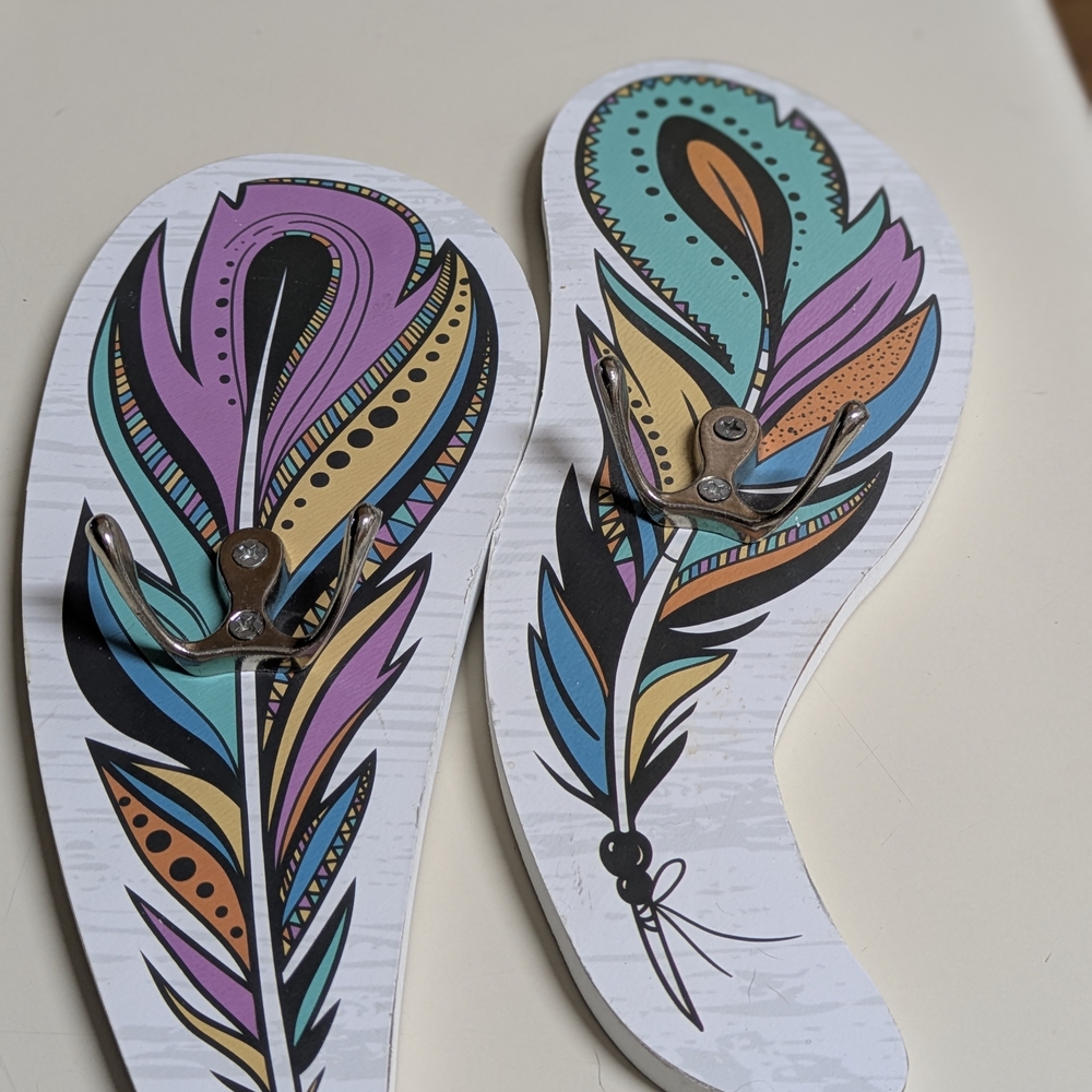 2 Colorful Feather Painted & Shaped Wall hooks/wall Hangers.4 Hooks Total, NEW.